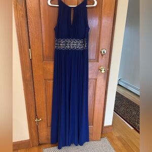 R&M Richards Navy Sleeveless Evening Gown with Beaded Waist